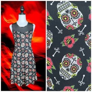 Hot Topic Black Multicolored Sugar Skull Rose Mesh Yoke Skater Mini Dress M